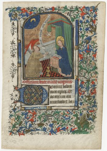 Annunciation miniature from a Book of Hours Latin;
Master of the Gold Scrolls; Circa 1440;
Bruges, Belgium